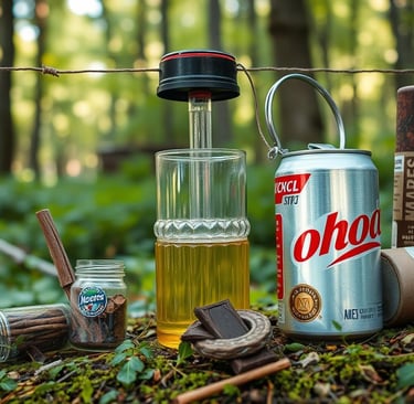 An assortment of innovative survival hacks in a natural setting, featuring items like a makeshift fi
