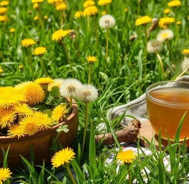 Sunlit meadow filled with bright with lush green grass, dotted yellow dandelions in full bloom.