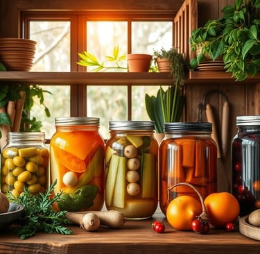 various home canned goods in kitchen setting with plants