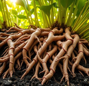 A close-up view of the thick, gnarled roots of the licorice plant (Glycyrrhiza glabra) .