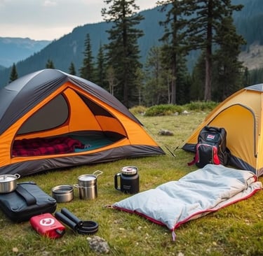 A collection of lightweight camping gear laid out on a grassy campsite.