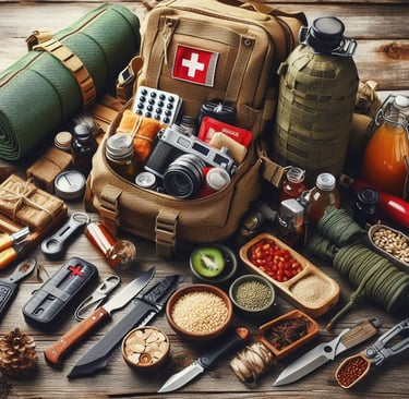 a backpack with various supplies for survival