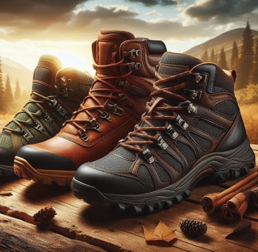 a variety of hiking boots with mountains in background
