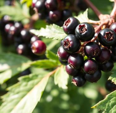 A close-up of vibrant elderberries on the stem, surrounded by lush green leaves,