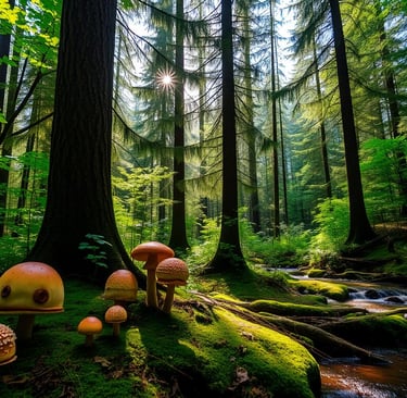 forest scene, diverse mushroom species, rich, earthy tones