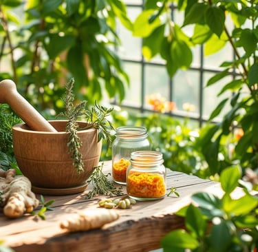 a serene herbal garden with plants known for pain relief