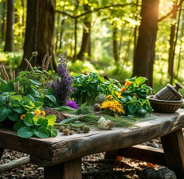 various herbs and flowers on picnic table, forest setting