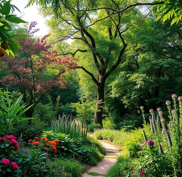 Lush food forest filled with diverse fruit trees, vibrant berry bushes, and flowering herbs, dappled
