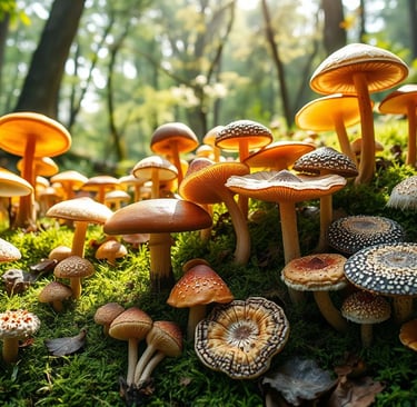  a vibrant forest scene filled with diverse wild medicinal fungi