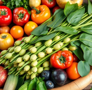moringa leaves with pods surrounded by fruits and veggies