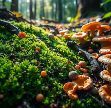  a close-up view of vibrant green moss intertwined with various types of fungi 