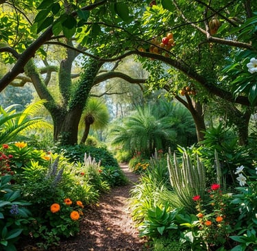 fruit trees, bushes, shrubs, flowers and a path