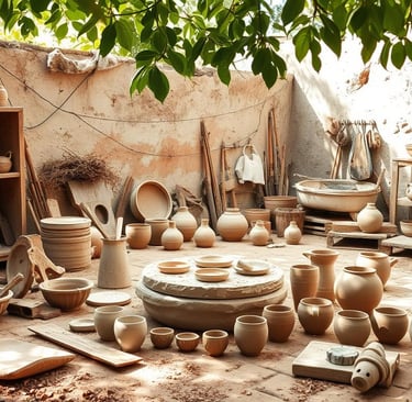A potter's workspace surrounded by wild clay sources, featuring a variety of pottery tools,