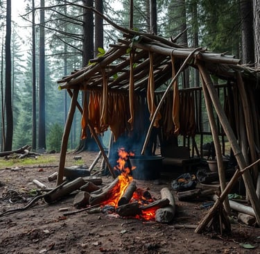 a primitive smokehouse made of sticks and leaves