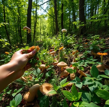 a hand reaching to pick foraged items in lush forest
