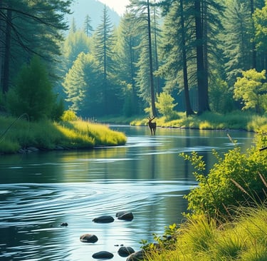 A serene forest landscape with a fisherman casting a line into a tranquil river, while nearby, a hun