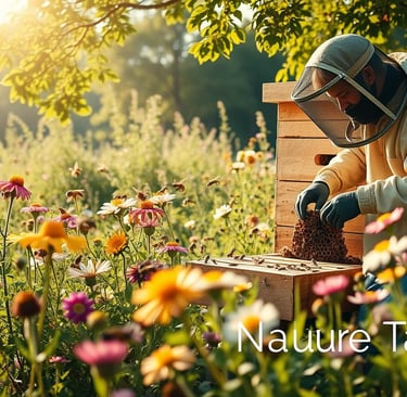 a vibrant, well-maintained beehive surrounded by blooming wildflowers, with a beekeeper in a suit 