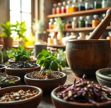 An array of medicinal plants and dried herbs in rustic ceramic bowls.