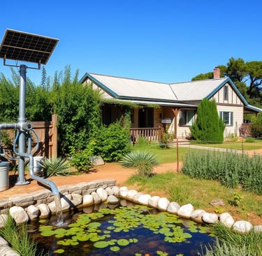 rainwater collection barrels, a small pond with solar powered water pump 