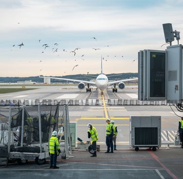 A group of people standing around a plane while some birds are flying in the background.