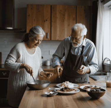 Elderly man cooking for his wife
