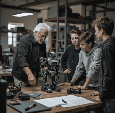 Older man showing kids about robots