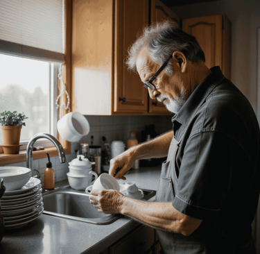 Elderly man washing the dishes