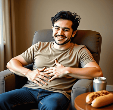 Man rubbing his tummy eating junk food