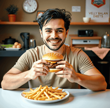 Man eating burger and chips