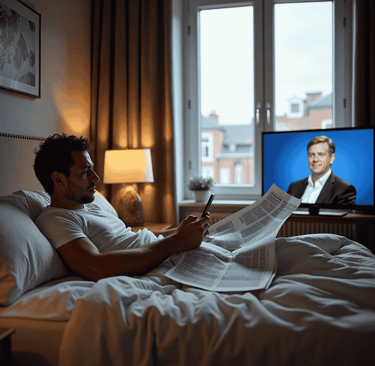 Man in bed doing multitasking