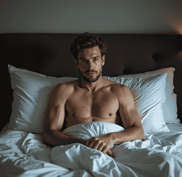 Man in a bed not having rested properly