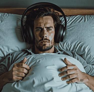 Man in bed wearing headphones