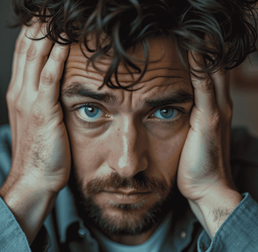 Man holding his head looking exhausted