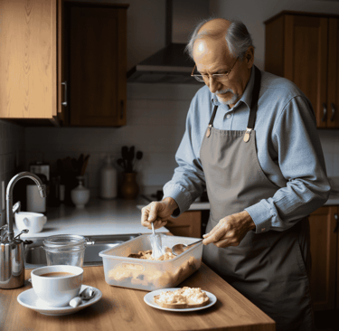 Man cooking breakfast and preparing a lunchbox
