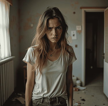 Stressed-out woman in an untidy room