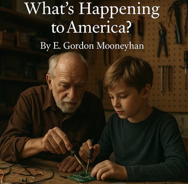 man helps a boy solder a circuit board in a workshop - What’s Happening to America?
