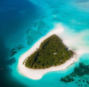 Full aerial view of Mnemba Island Zanzibar surrounded by turquoise waters and white sandy beaches.