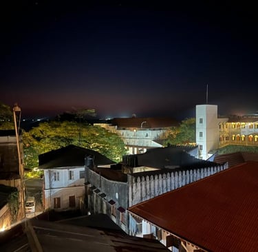 Night rooftop view of Stone Town Zanzibar with historic buildings and lights, 2025 travel guide