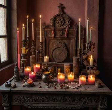 una mesa con velas y velas encima