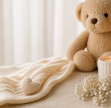 Comforting baby loss support blog banner with teddy bear, candle and message encouraging bereaved fa