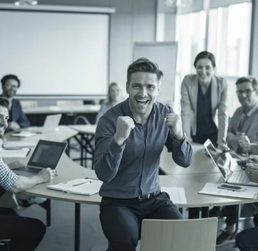 Groupe dynamique en discussion, avec une personne au premier plan souriante.