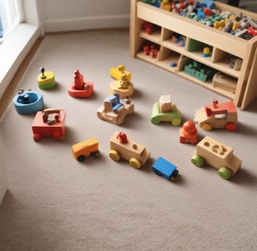 Happy child playing with educational wooden blocks in a cozy room