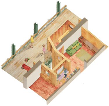 Axo drawing of an apartment renovation and aulteration in a cooperative housing project, Basel