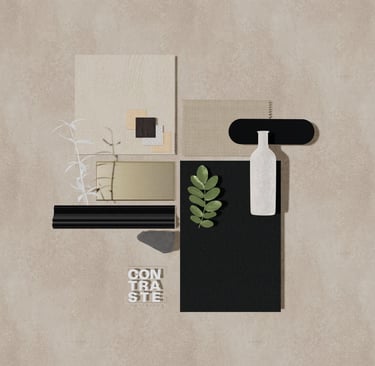 Moodboard montrant le contraste beige et noir, chaleureux, minimaliste, Mattoboard