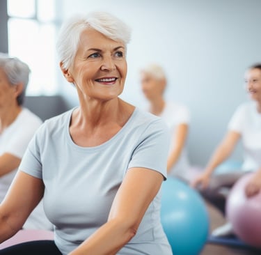 Older woman doing exercise in a group session.