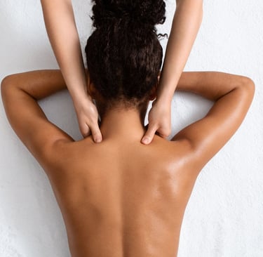 a woman is shown with a man's hands on her back