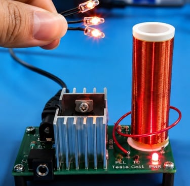 Bobina de Tesla que enciende luces mediante energía electromagnética.