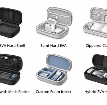 Six types of EVA hard shell carrying cases with custom foam inserts and mesh pockets for electronics.