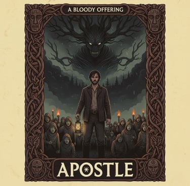 a poster of a man standing in front of a poster of APOSTLE - A Bloody Offering