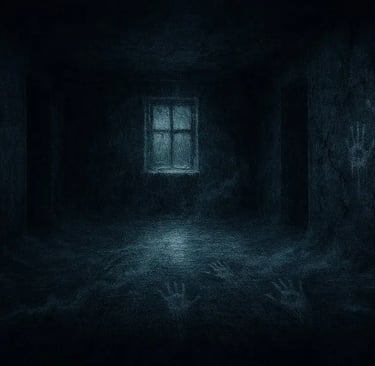 Wide horror illustration of an abandoned frost‑covered corridor leading to a single cracked window glowing with pale blue